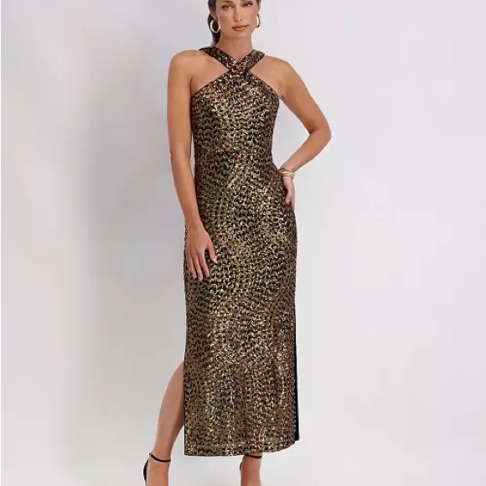 Dillard’s Sequin Halter Midi Dress Gold Black Size Small